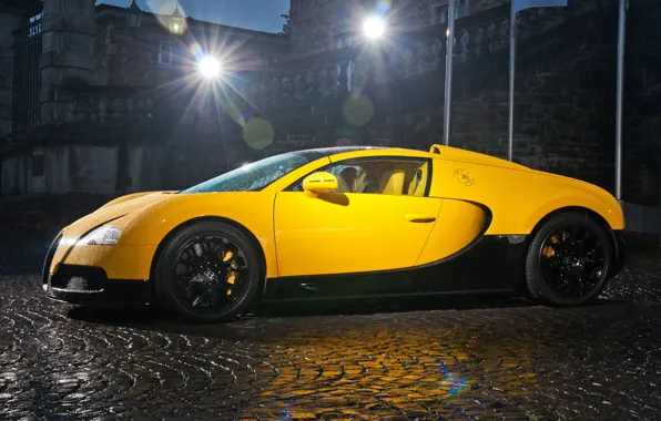 Картинка Bugatti, veyron, light, supercar, rain, yellow, drop, night