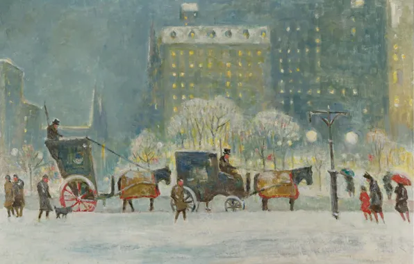 Картина, городской пейзаж, Guy Carleton Wiggins, Гай Уиггинс, Ранний Вечер у Отеля Плаза