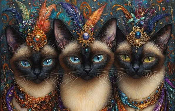 Взгляд, украшения, кошки, поза, перья, трио, мордашки, сиамские