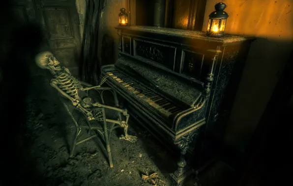 Картинка музыка, скелет, пианино