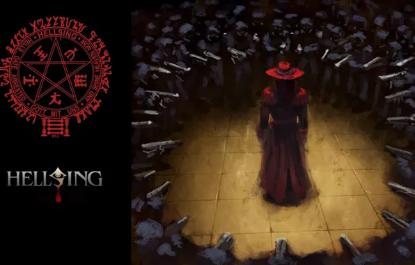 Оружие, символы, засада, солдаты, Hellsing, пентаграмма, Хеллсинг, Alucard
