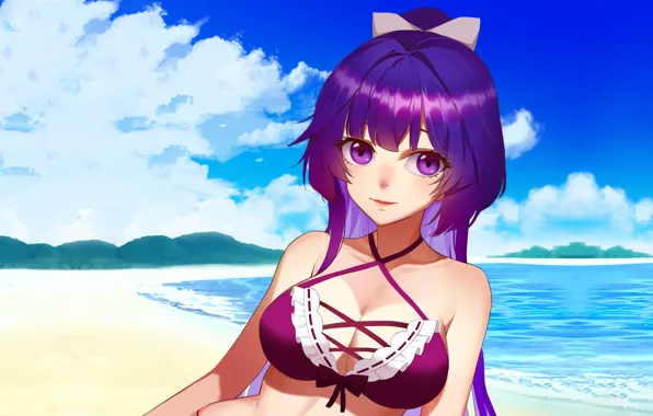 Girl, sexy, cleavage, beach, sky, long hair, sea, boobs
