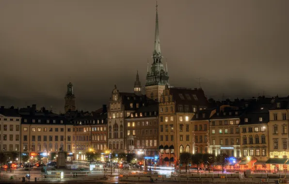 Картинка фото, Дома, Ночь, Город, Фонари, Швеция, Stockholm