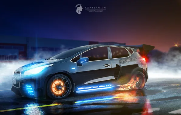 Свет, ночь, тюнинг, спойлер, KIA, бампер, тормоза, ceed