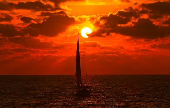 Картинка море, небо, солнце, облака, закат, тучи, лодка, яхта