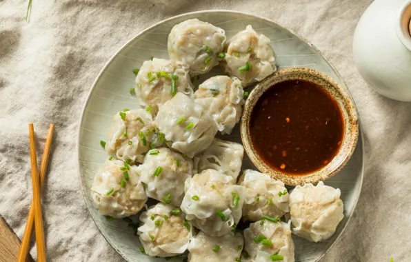 Стол, еда, палочки, тарелка, миска, соус, скатерть, китайские