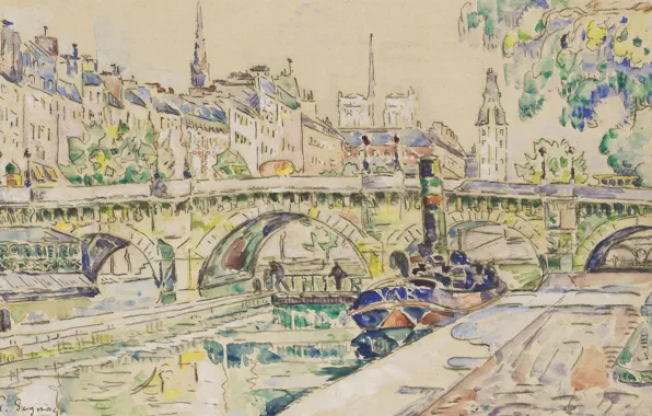 Картинка мост, рисунок, акварель, Поль Синьяк, Пон-Нёф. Париж