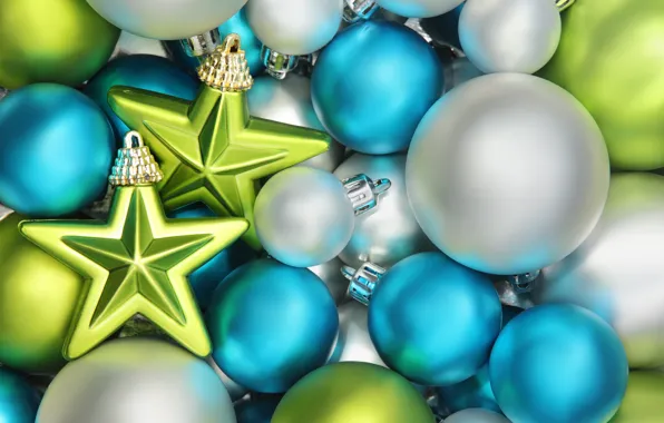Картинка зима, звезды, шарики, шары, игрушки, Новый Год, голубые, зеленые