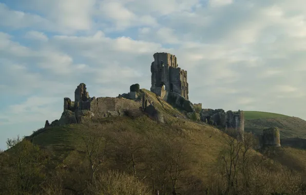 Небо, облака, деревья, Англия, руины, средневековая архитектура, Замок Корф