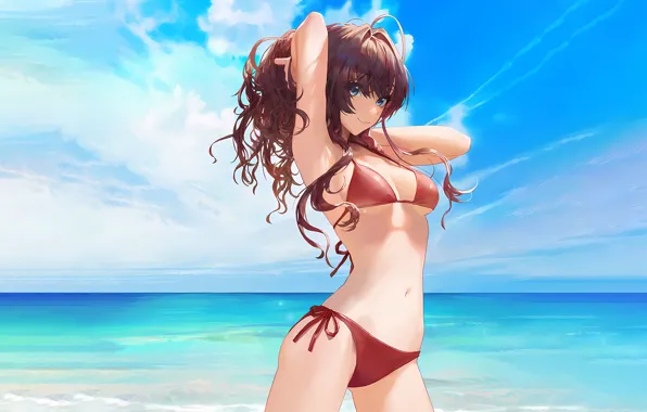 Girl, sexy, cleavage, beach, sky, long hair, sea, brown hair