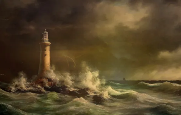 Картинка Море, Рисунок, Маяк, Шторм, Арт, Art, Storm, Sea