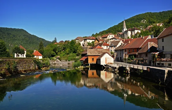 Горы, река, Франция, здания, дома, деревня, набережная, France