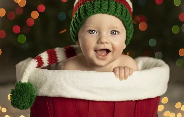 Улыбка, блики, мальчик, малыш, Рождество, Новый год, ребёнок, шапочка