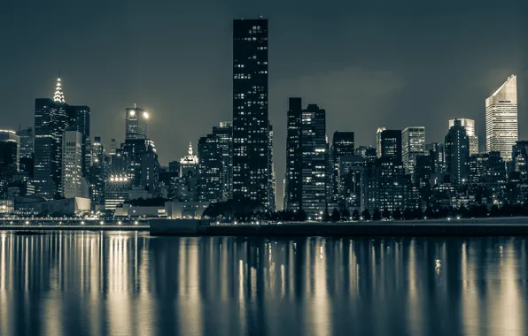 Вода, ночь, город, отражение, нью-йорк, манхеттен, new york city, manhattan