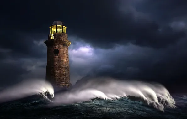 Картинка море, волны, свет, ночь, тучи, шторм, графика, маяк