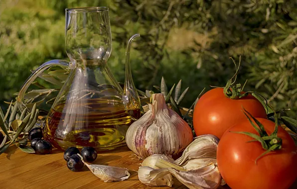 Масло, кухня, натюрморт, овощи, помидоры, чеснок, здоровый, ингредиенты