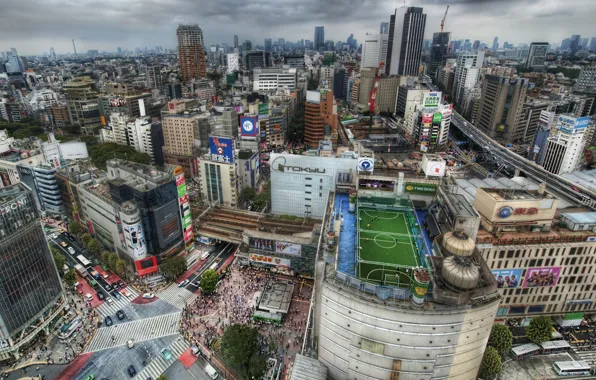Картинка дорога, поле, HDR, дома, Япония, крыши, Токио, мегаполис