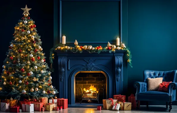 Картинка украшения, дом, комната, шары, елка, интерьер, Новый Год, Рождество