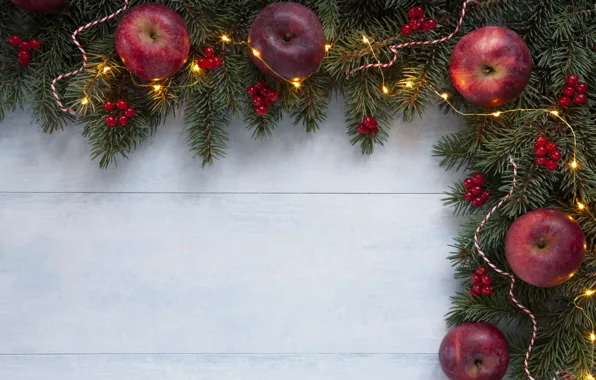 Украшения, яблоки, Рождество, Новый год, christmas, new year, wood, merry