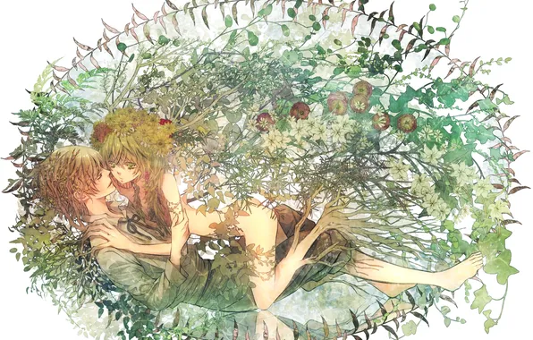 Картинка листья, девушка, цветы, аниме, слезы, арт, парень, shijuu hachi