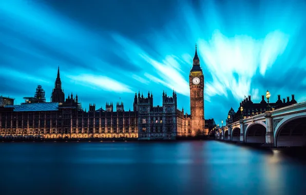 Картинка City, Clouds, Water, Night, London, England, Big Ben, River