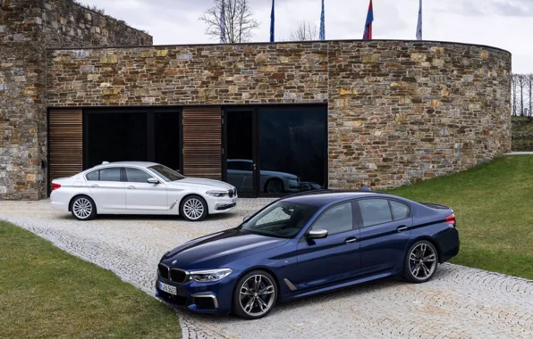 Белый, газон, BMW, стоянка, гибрид, 5er, тёмно-синий, 2017