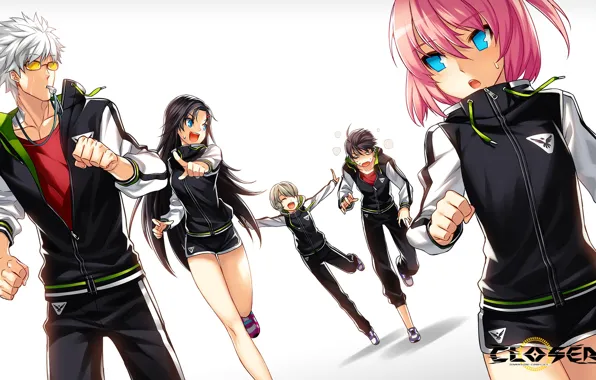 Девушки, игра, арт, белый фон, парни, closers
