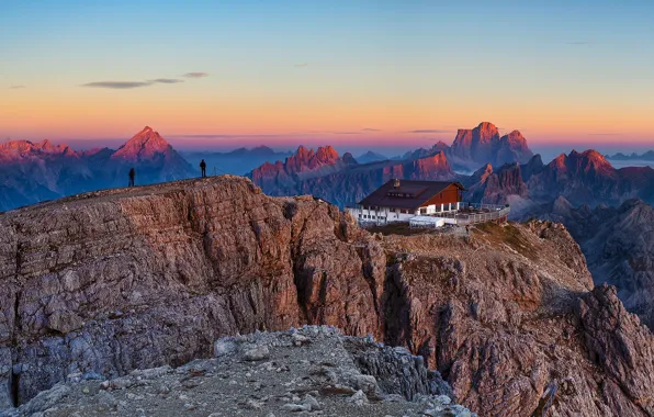 Картинка house, sky, landscape, Italy, nature, sunset, mountains, rocks