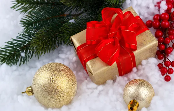 Снег, подарок, шары, Новый Год, Рождество, Christmas, balls, snow