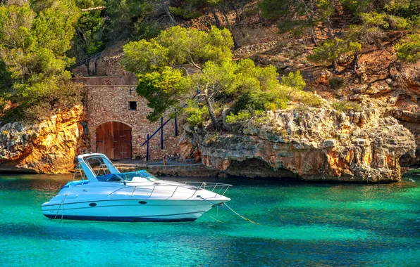 Море, скалы, яхта, Испания, sea, Spain, Mallorca, Mediterranean