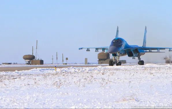 Снег, Самолет, аэродром, су-34, Fullback, ОКБ Сухого, ВВС России, советский/российский фронтовой бомбардировщик