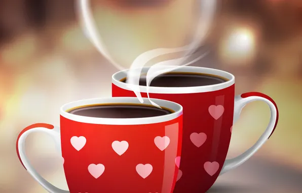 Картинка сердце, кофе, пар, чашки, Valentine's Day, coffee