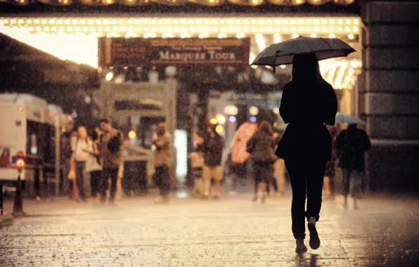 Girl, United States, Chicago, Illinois, umbrella, street, people, back