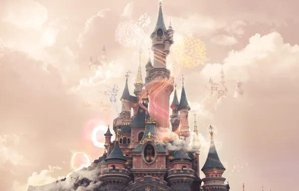Картинка Disney, pink, clouds, castle, Disneyland