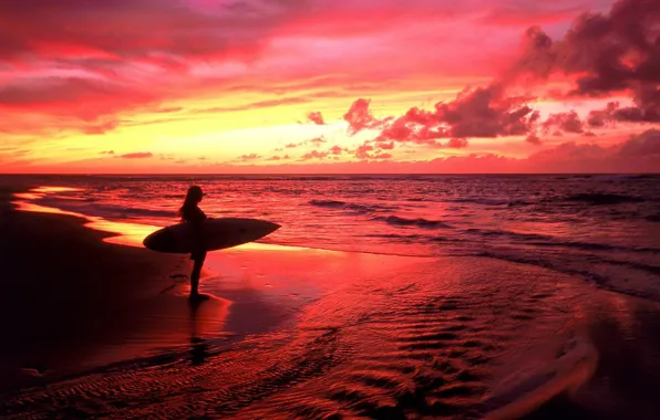 Картинка море, закат, красный, серфер