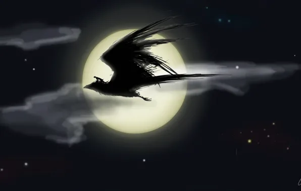 Ночь, птица, луна, человек, звёзды, всадник, полёт, fantasy