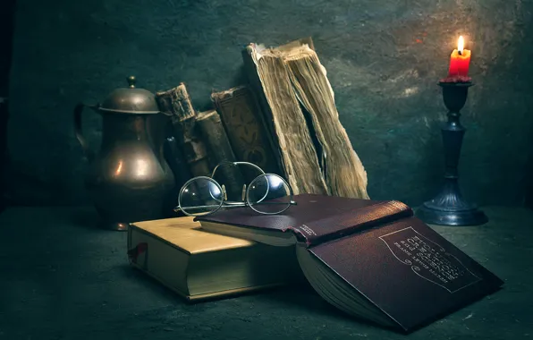 Картинка книги, свеча, очки, Source of knowledge