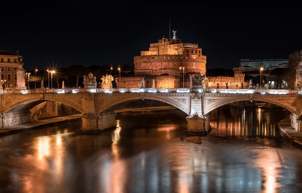 Картинка ночь, мост, огни, река, Рим, Италия, Тибр, замок Святого Ангела