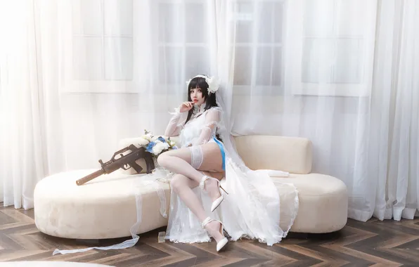 Gun, Beautiful, Asian, Model, Woman, Weapon, Sofa, Pretty