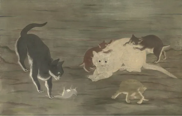 Игра, котята, охота, 1924, Цугухару, Фудзита, Кошки и мышки