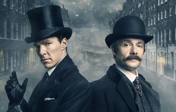 Картинка туман, Лондон, здания, Шерлок Холмс, Мартин Фриман, Бенедикт Камбербэтч, Sherlock, Sherlock BBC