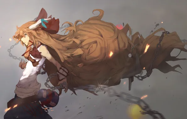 Искры, цепь, рога, серый фон, белая майка, шевелюра, в профиль, Touhou Project