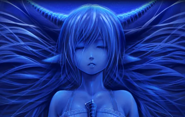 Картинка девушка, синий, лицо, спит, рога, уши, art, bouno satoshi