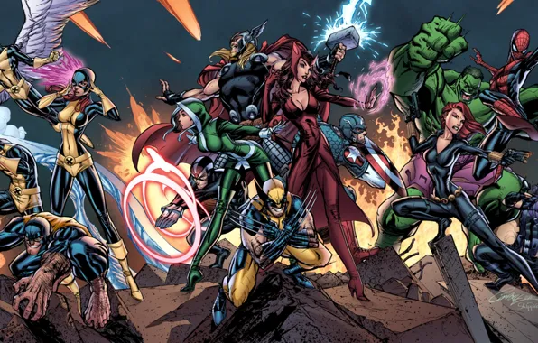 Картинка Hulk, X-Men, wolverine, Rogue, Captain America, Angel, Thor, iron man