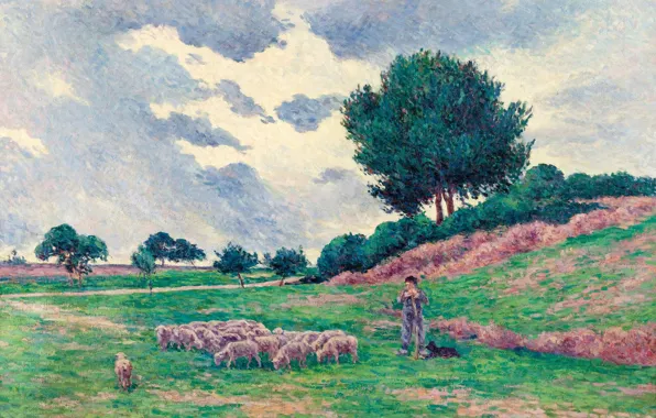 Животные, пейзаж, картина, Максимильен Люс, Maximilien Luce, Меревиль. Стадо Овец, 1902-03