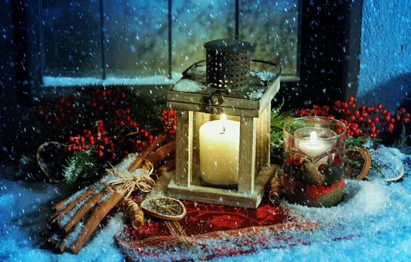 Снег, свечи, Рождество, фонарь, Новый год, корица