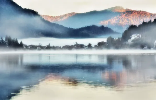 Картинка горы, туман, озеро