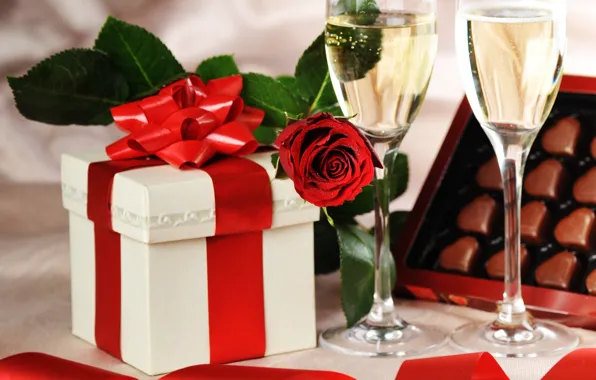Картинка коробка, подарок, роза, бокалы, конфеты, лента, сердечки, Праздник