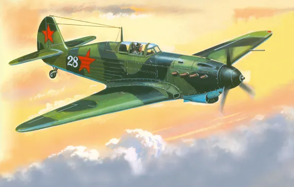 Рисунок, истребитель, самолёт, Великая Отечественная война, советский, одномоторный, Як - 7А