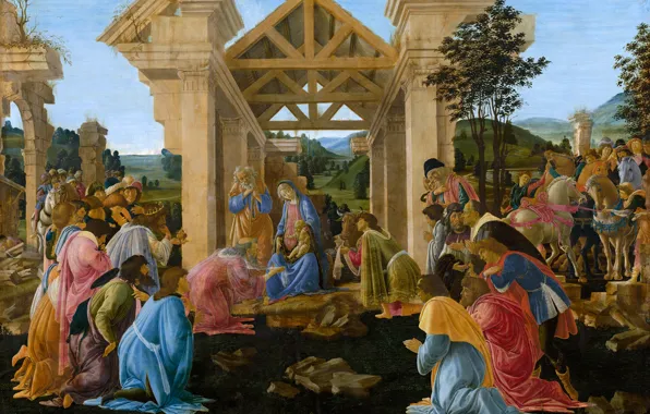 Картинка картина, мифология, Сандро Боттичелли, Поклонение Волхвов